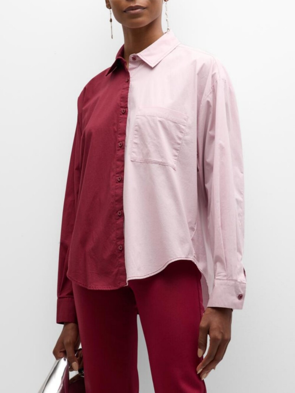 PISTOLA Sloane Oversized Button Down Shirt, Color Block Two-Toned Large Burgundy